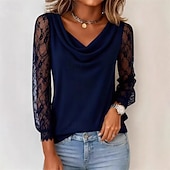 billige Kjolebluser-Dame Blondeskjøtetopp Sommertopper Bluse Dressy topper Rynket Blonde Lapper عادي Elegant Årgang damer Langermet Cowl-hals Vanlige topper Daglig Arbeid Ferie Svart Hvit Rosa Rød Marineblå Sommer Vår