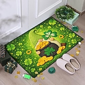 abordables Felpudo-St Patrick's Day Doormat 2D Flat Print Design Featuring Gnome with Pot of Gold and Shamrocks on Sparkling Green Background