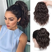 tanie Kucyki-Przedłużanie kucyka - 12-calowe przedłużki z włosów w kucyk ze ściągaczem dla kobiet, syntetyczne, kręcone, falowane, sztuczne kucyki, do codziennego użytku na imprezach (mieszany brąz) 12 cali