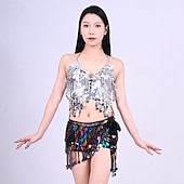 cheap Tops &amp; Sets-Samba Dancewear Silver Sequin Tassel Top &amp; Iridescent Skirt Belly Dance Setl Performance Costume
