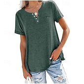 abordables Camiseta lisa-Mujer Tops de verano Blusa Frunce Retazos Bolsillo Color sólido Plano Elegante Vintage damas Manga Corta Escote en Pico Tops regulares Diario Trabajo Festivos Rosa Morado Verde Trébol Caqui Verano