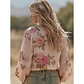  dame bohemsk bluse pustende lett blomstret grafisk vintage stilig langermet v-hals vanlig topper gul rosa marineblå sommer vår