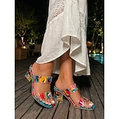baratos Mulheres-saltos altos transparentes e coloridos com pedras preciosas para mulheres – sandálias abertas da moda para festas de verão e roupas casuais