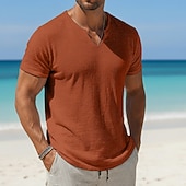 cheap Cotton Linen T-shirts-Men's Cotton Linen T Shirt Tee Top Short Sleeves V Neck Summer Plain Fashion Designer Basic Classic Vacation Casual Daily Yellow Top Tee for Men