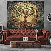 preiswerte Wandteppiche-Wandteppich mit Lebensbaum-Motiv aus Buntglas im Mosaikstil, farbenfrohe und lebendige Kunst, Heimdekoration für Wohnzimmer und Schlafzimmer, großes Stoffposter