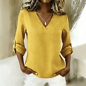 baratos Blusas Elegantes-Mulheres Blusa Tops elegantes Franzido Patchwork Botões Côr Sólida Tecido Elegante Vintage senhoras Manga 3/4 Decote V Tops regulares Diário Trabalho Feriado Azul Amarelo Verde Verão Primavera