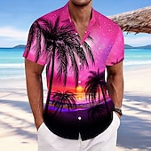 billiga Tropiska växter-Herr Kokosnötsträd Stjärnbeströdd himmel Hawaii skjorta Knapp upp skjorta Aloha skjorta Kortärmad Hawaiisk Tillflykt Semester Helgdag Standkläder Sommar Vår Nedvikt krage skjortor Blå Rosa Orange