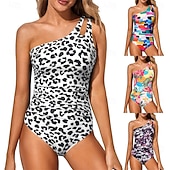 お買い得  サーフィンタンクiniとビキニ-女性用 水着 ワンショルダー スイムウェア アニマルプリント スイムウェア ホワイト ブルー 高通気性 速乾性 ノースリーブ - 水泳 サーフィン シュノーケリング 夏