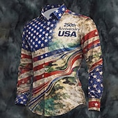  男性用 7月4日 米国建国250周年 米国旗 愛国 シャツ ボタンアップシャツ 長袖 ヴィンテージレトロ 祝日 カジュアル／普段着 春 秋 折襟 3Dプリント 襟付きシャツ アーミーグリーン カーキ色