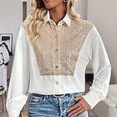 お買い得  無地のブラウス-女性用 ドレスシャツ ボタンアップシャツ ブラウス スパンコール ボタン エレガント スタイリッシュ レトリ／ヴィンテージ 長袖 シャツカラー レギュラートップス 日常 お出かけ パーティー衣装 ホワイト 春 秋