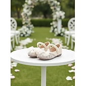 billige Barn &amp; Blomsterpike-Barnesko med perlebånd og sløyfe til blomsterpiker med strass-tå, elegante prinsessesko til små jenter i kunstskinn, komfortable brudesko med lav hæl, perfekte for blomsterpiker