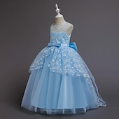baratos Vestidos de Menina das Flores-Vestido para Meninas das Flores Para Meninas Vestido formal Traje de casamento Festa Casamento Formal Moda Adorável Formal Patchwork Com Transparência Floral Princesa Sem Manga Gola Redonda Azul