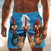 billiga Djur &amp; Fåglar-Herr Tecknat Brud Frizzle Chickens Badshorts Boardshorts Medium Midja Hawaiisk Rolig Strandsemester Sidfickor Mesh foder Elastisk dragsko i midjan Designer Kläder