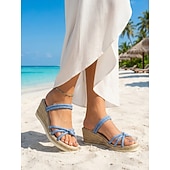 economico Donne-sandali con zeppa color lavanda da donna con cinturini intrecciati: comode scarpe estive per le vacanze, da spiaggia, da resort e per l'abbigliamento casual all'aperto