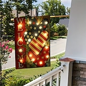  Bandiera da giardino del 4 luglio con luci a LED, bandiera americana patriottica illuminata con cuore di benvenuto per esterni, bandiera da giardino in tela di iuta bifacciale per il giorno