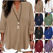 ieftine Cămăși-Pentru femei Cămașă Boho Tunică Peteci Culoare solidă Elegant Zilnic Stilat Lungime Manșon 3/4 În V Topuri obișnuite Zilnic Muncă Concediu Albastru piscină Verde Crud Negru Alb Roșu-aprins Primăvar