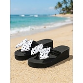 billiga Kvinnor-Damflip-flops med prickig rosett – avslappnade strandsandaler med bekväm platåsula för semester, sommar och avkoppling vid poolen