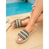 preiswerte Frauen-Bestickte, flache Damen-Sandalen im Boho-Stil mit gewebter Sohle – farbenfroher, tropischer Resort-Look, bequeme Sommerpantoletten zum Entspannen am Pool und für Inselurlaube