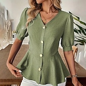 preiswerte Einfache Blusen-Damen Freizeithemd Knopfhemd Bluse Gerafft Tunika Knöpfe Einfarbig Einfach Elegant Täglich Stilvoll Kurzarm Puffärmel V Ausschnitt Normale Oberteile Ferien Strandbekleidung Urlaubskleidung Blau Kamel