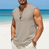Недорогие Хлопковые Льняные Футболки-Муж. Рубашка Хенли Безрукавка Без рукавов Хенли Лето Полотняное плетение Мода Оригинальный рисунок Богемные Пуговицы Повседневные Отпуск На выход Светло-синий Черный Белый Футболка для мужчин