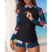 abordables Rash Guards de Una Pieza-Mujer Camiseta Protección Solar Surf Traje de baño 2 Piezas Tropical Boyleg Protección UV Secado rápido Elástico Manga Larga Bañadores Traje de baño Surf Playa Natación Verano