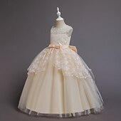 baratos Vestidos de Menina das Flores-Vestido para Meninas das Flores Para Meninas Vestido formal Traje de casamento Festa Casamento Formal Moda Adorável Formal Patchwork Com Transparência Floral Princesa Sem Manga Gola Redonda Azul