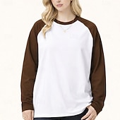 cheap Plain tee-Women's 100% Cotton Oversized Tee Raglan T Shirt Patchwork Color Block Vintage Stylish Casual Long Sleeve Crew Neck Long Tops Daily Going out Brown And White Black and White Brown Summer Spring Fall