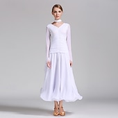 abordables Salón de Baile Estándar-Vestido de baile de salón rojo para mujer, cuello en V, cintura fruncida, manga larga, vestido de vals, traje de competición estándar moderno.