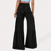 billige brede ben og høy midje-Dame Bukser Sommerbukser Strandbukser Ferie Mote Fritid hverdag Full lengde Middels midje Helfarge عادي Snorer Lapper Bred Bukseben Komfort Hurtigtørkende Myk Uelastisk Gateklær Strand Ferie Svart