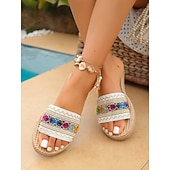 preiswerte Frauen-Bestickte, flache Damen-Sandalen im Boho-Stil mit gewebter Sohle – farbenfroher, tropischer Resort-Look, bequeme Sommerpantoletten zum Entspannen am Pool und für Inselurlaube
