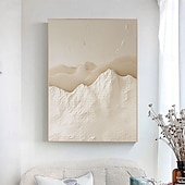 abordables Peintures paysages-Tableau original blanc beige représentant une montagne, avec une texture 3D blanche. Peinture minimaliste beige en plâtre sur toile, style wabi-sabi.