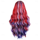  Peruca para Mulheres para o Dia 4 de Julho Longa Cacheada Vermelha Branca e Azul Fantasia para Festa do Dia da Independência