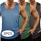 billiga Gym-toppar-Herr Linne Väst Undertröjor Ärmlös tröja Ärmlös Rundhals Rund halsringning Sommar Alla årstider Slät Mode Grundläggande Klassisk 3 st Slät Ledigt Gym Gata K Topp t-shirt för män
