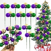 economico Forniture per feste-Confezione da 10 decorazioni natalizie per il martedì grasso, palline viola, verdi e dorate, steli per il martedì grasso &amp;decorazioni per l'albero di Natale, ghirlanda di carnevale &amp;forniture per