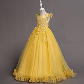 abordables Robes de Fille de Fleurs-Robe de Demoiselle d'Honneur Fille Fille Robe de soirée Tenue de mariage Soirée Mariage Formel Mode Princesse Beau Maille Couleur Unie Sans manches Col Rond Bleu Jaune 4 ans et +