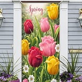 cheap Door Covers-Easter Spring Tulips Door Cover, Vibrant Red, Yellow, and Pink Blooms with Dew Drops, Fresh Floral Bunny Decor for Holiday Doors and Outdoor Spring Decorations