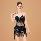 cheap Tops &amp; Sets-Samba Dancewear Purple Sequin Tassel Belly Dance Setl Performance Costume