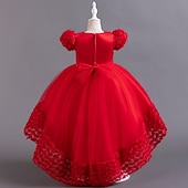 billiga Flower Girl's Dresses-Flower Girl Dress Girls' Formal Dress Wedding Attire Party Wedding Formal Adorable Princess Sweet Patchwork Mesh Solid Color Short Sleeves Crew Neck Pink Red 4 years+