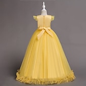 abordables Robes de Fille de Fleurs-Robe de Demoiselle d'Honneur Fille Fille Robe de soirée Tenue de mariage Soirée Mariage Formel Mode Princesse Beau Maille Couleur Unie Sans manches Col Rond Bleu Jaune 4 ans et +