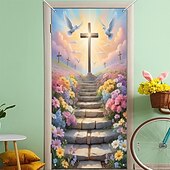 お買い得  ホリデータペストリー-十字架と鳩が描かれたイースターのドアカバー、鮮やかな花の階段のシーン、聖週間のキリスト教の宗教的装飾、イースターや屋外のディスプレイに最適