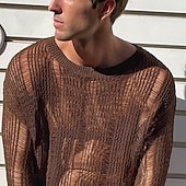 cheap Basic T shirts-Men's Knit Tee Tee Top Long Sleeve Crew Neck Summer Solid Color Daily Casual Street Style Mesh Knitting Casual Outdoor Street Dark Brown Top Tee for Men