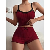 abordables Hauts et bas de nuit pour femmes-Femmes Ensemble Pyjama Occasionnel Confort Couleur Unie Dentelle Taille Élastique Shorts Quotidien Maison Sans manches Bretelles Bleu Blanche Rose Claire Vin Gris Été Printemps Coupe régulière