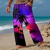halpa Miesten painetut vapaa-ajan housut-Miesten Kookospuu Auringonlasku Trooppiset kasvit Housut Rennot housut Roikkuvat housut Keskivyötärö Havaijilainen ulko- Loma Ranta-asut Joustava kiristysnyöri vyötäröllä Pellavamaiset housut