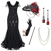 Недорогие платья 1920-х годов-Ретро Бурные 20-е 1920-е годы В пол Платья Инвентарь Коктейльные платья  Короткие рукава Великий Гэтсби Свадебный гость Пайетки V-образный вырез Маскарадный костюм Жен.