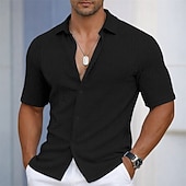 cheap Men's Smart Casual Shirts-Men's Shirt Texture Casual Shirt Button Up Shirt Light Blue Short Sleeve Plain Shirt Collar Casual Daily Hollow Out Clothing Apparel Elegant Fashion Casual