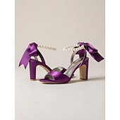 tanie Panna młoda-Damskie fioletowe satynowe szpilki ślubne z perłowym paskiem wokół kostki i kokardką, eleganckie sandały ślubne z odkrytymi palcami dla panien młodych, luksusowe buty na wysokim obcasie do ceremonii