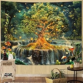 tanie Gobeliny ścienne-Zaczarowany las, wodospad, gobelin, magiczny grzyb, motyl, natura, krajobraz, wisząca na ścianę, bajkowa sztuka leśna do salonu, sypialni, wystroju domu