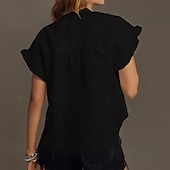 cheap Plain Blouses-Women's Linen Like Faux Cotton Linen Shirt Casual Shirt Button Up Shirt Ruched Ruffle Buttons Solid Color Plain Daily Stylish Casual Short Sleeve Stand Collar  Holiday Beach Wear Vacation Wear