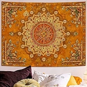 baratos Tapeçarias de Parede-Tapeçaria de parede mandala amarelo mostarda, estilo boho vintage com design floral, grande, em tons terrosos, para decoração de casa, pôster de tecido para fundo de parede.