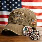 economico 250° Anniversario degli Stati Uniti-Cappellino da baseball retrò lavato in onore del 250° anniversario dei Marines degli Stati Uniti con 2 monete commemorative, cappello vintage ricamato per il 250° anniversario dei Marines degli Stati